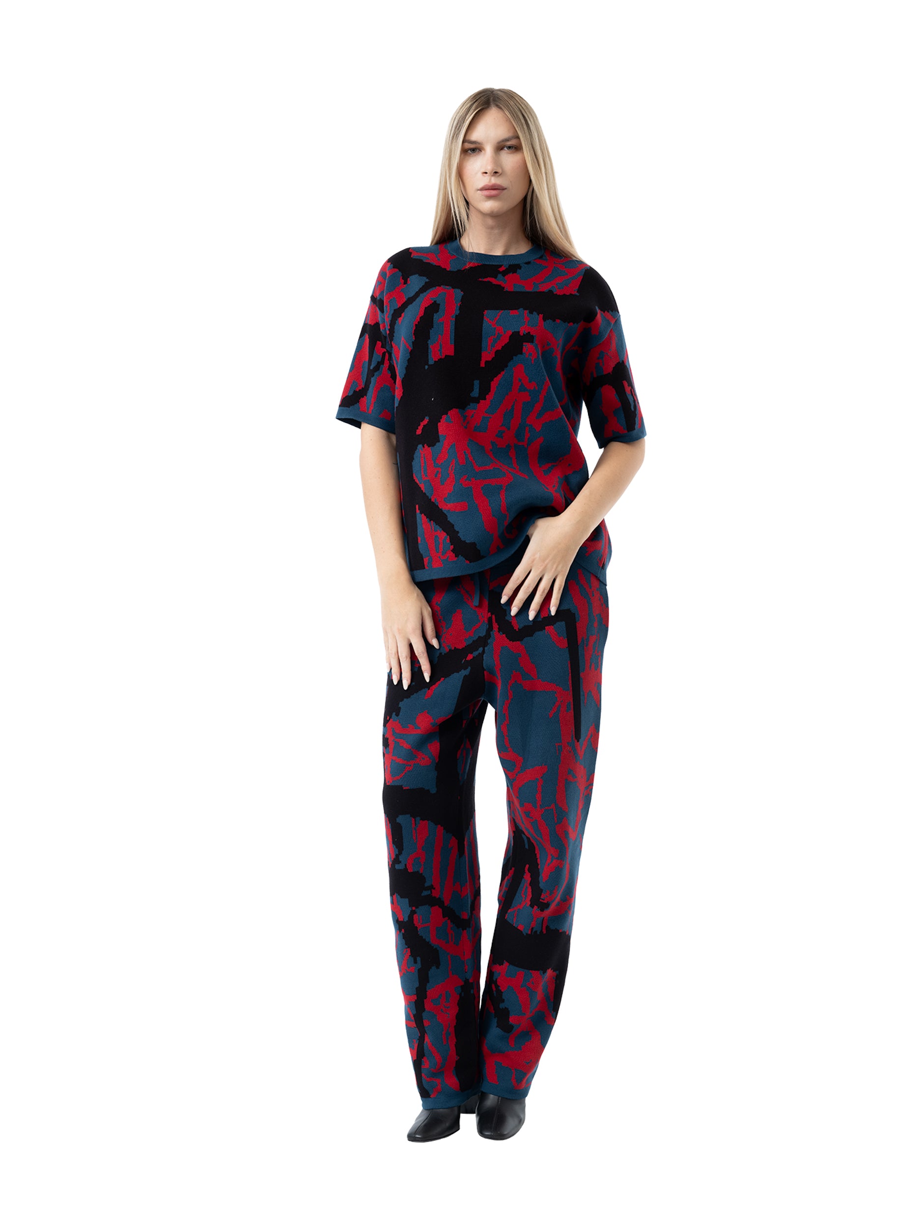 knit joggers abstract - navy/fire