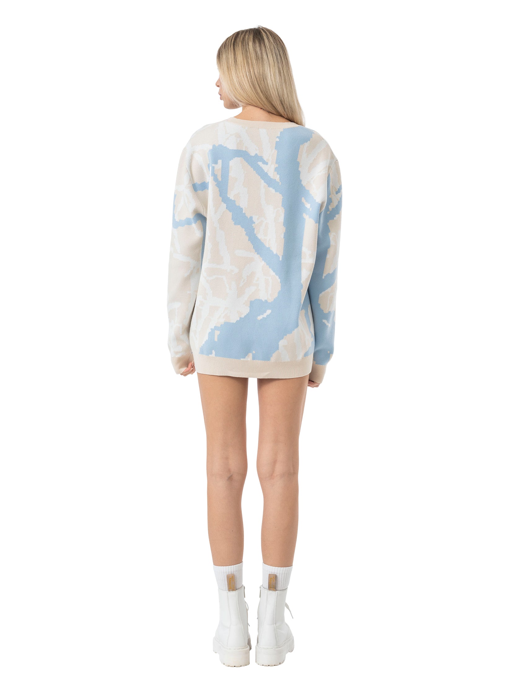 knit crewneck sweater abstract - beige/sky