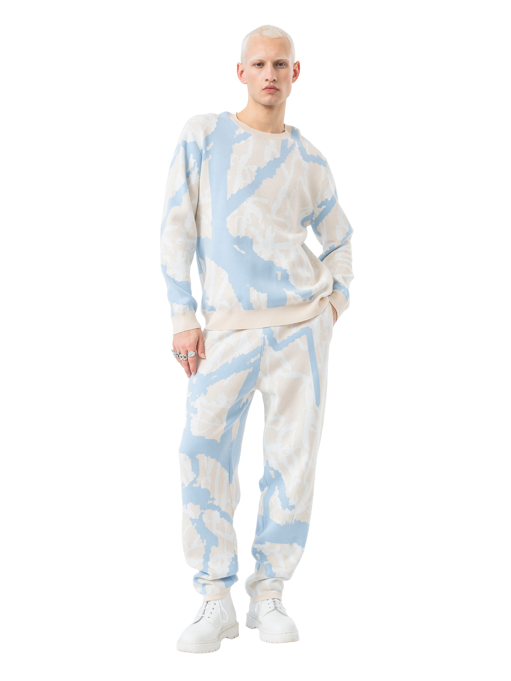 knit crewneck sweater abstract - beige/sky