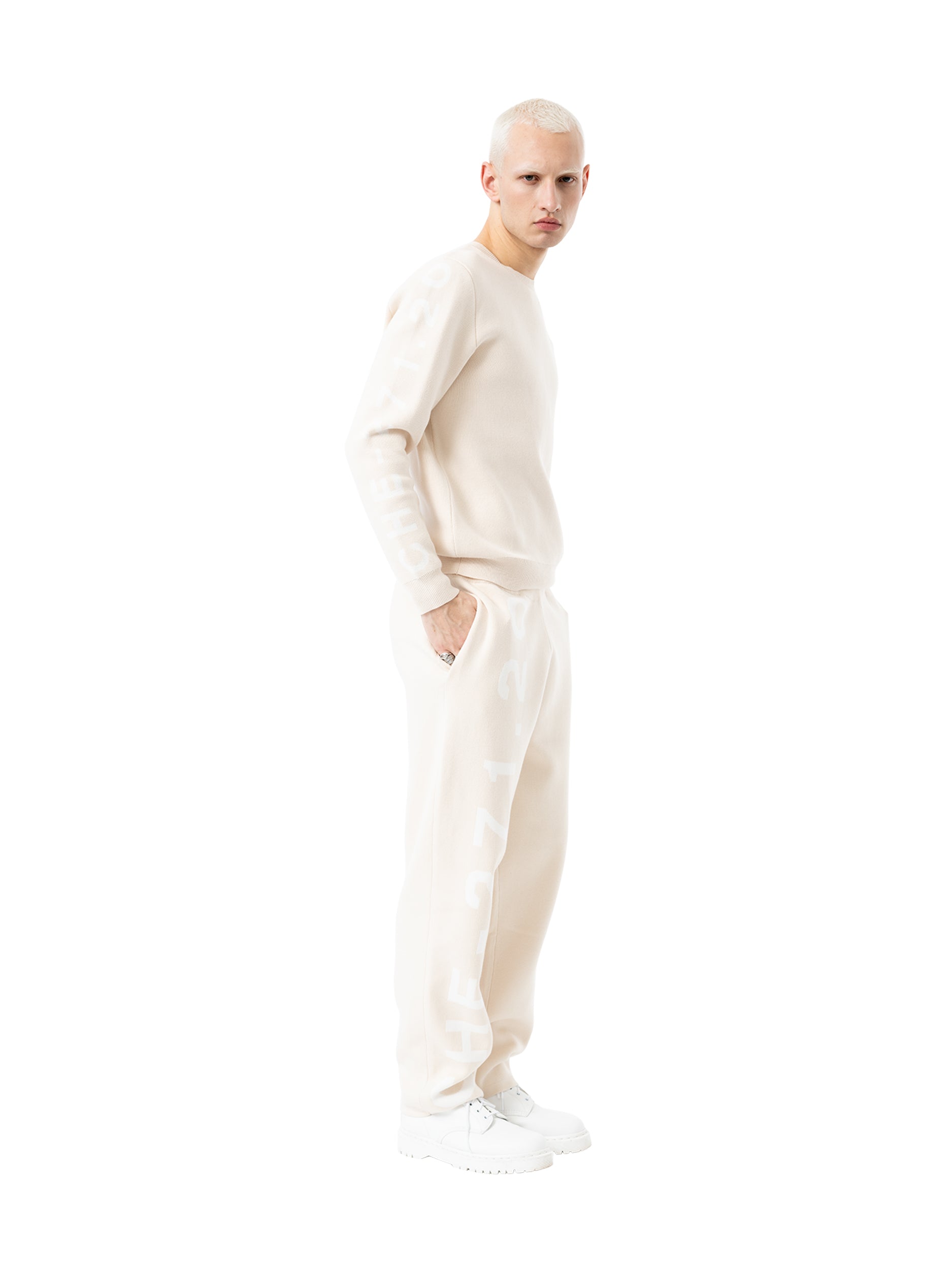 knit crewneck sweater signature - beige/white