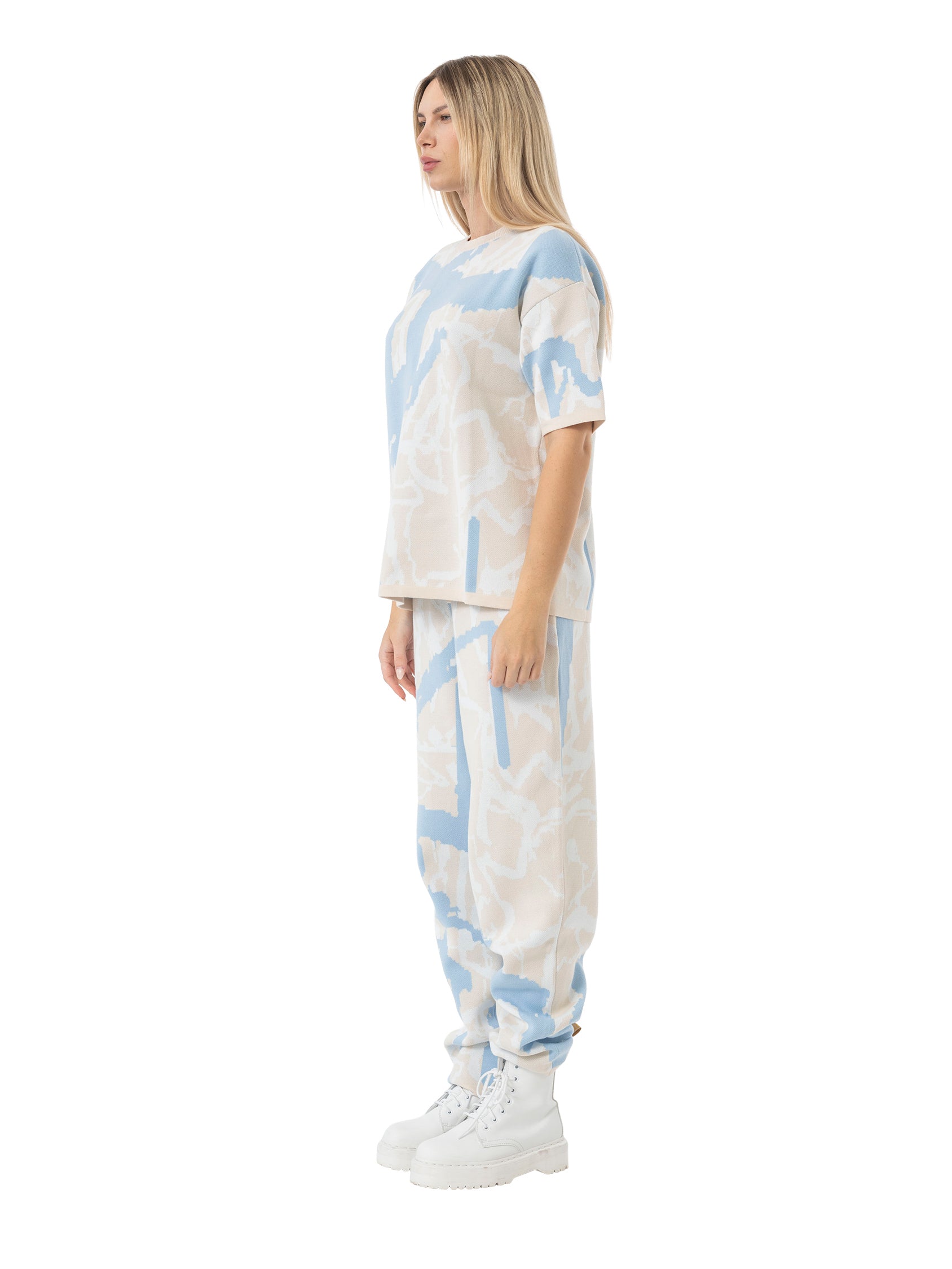 oversized knit T-shirt abstract - beige/sky