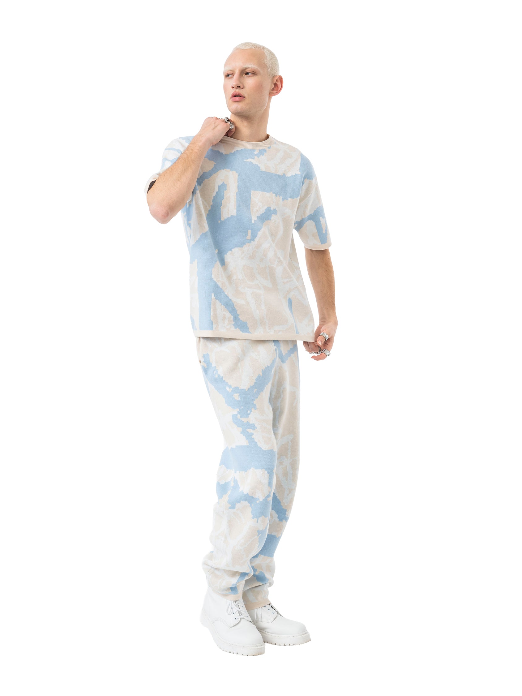 oversized knit T-shirt abstract - beige/sky
