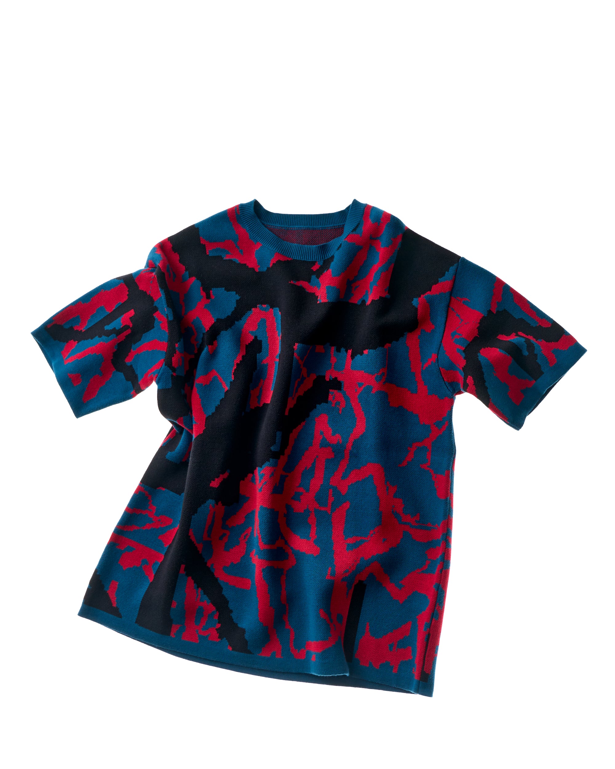 oversized knit T-shirt abstract - navy/fire