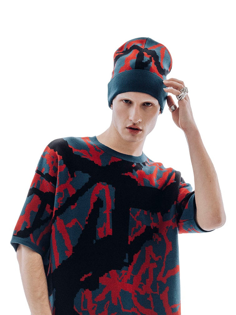 beanie abstract - navy/fire