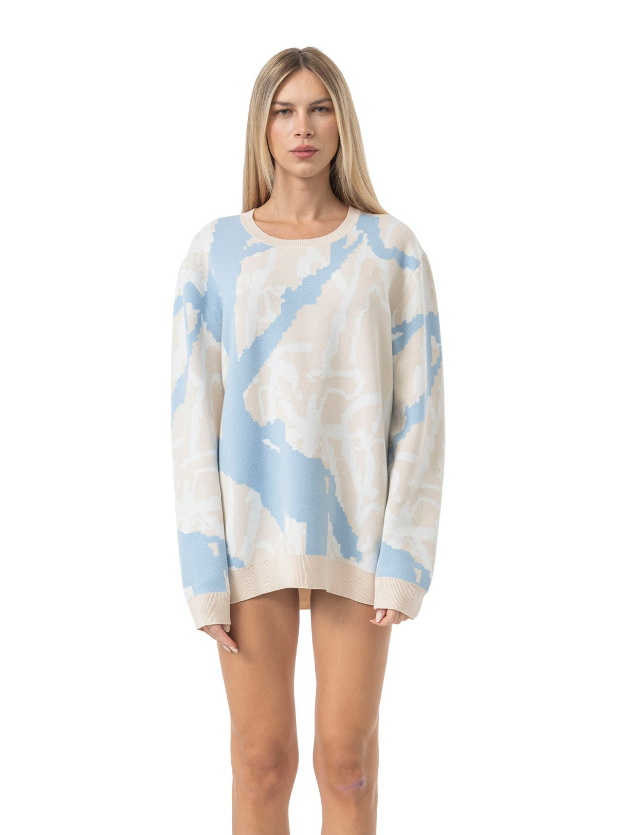 knit crewneck sweater abstract - beige/sky
