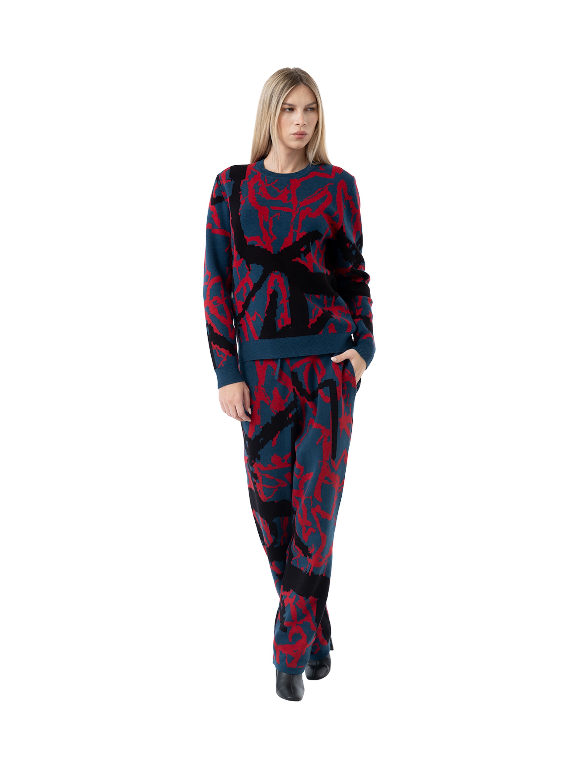 knit crewneck sweater abstract - navy/fire