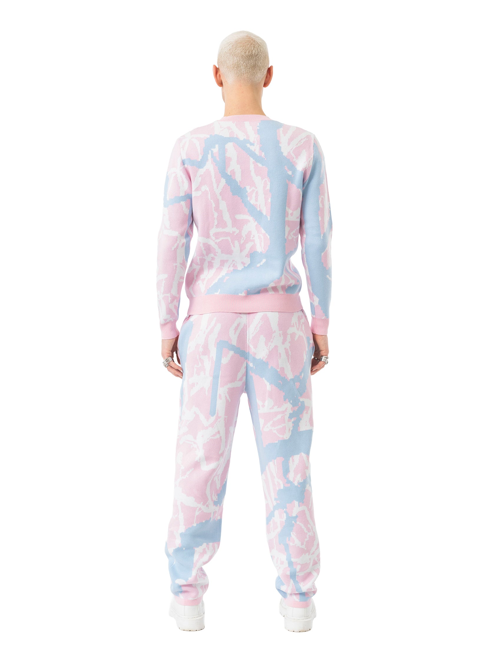 knit crewneck sweater abstract - rose/sky