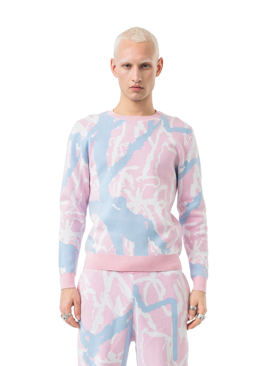 knit crewneck sweater abstract - rose/sky