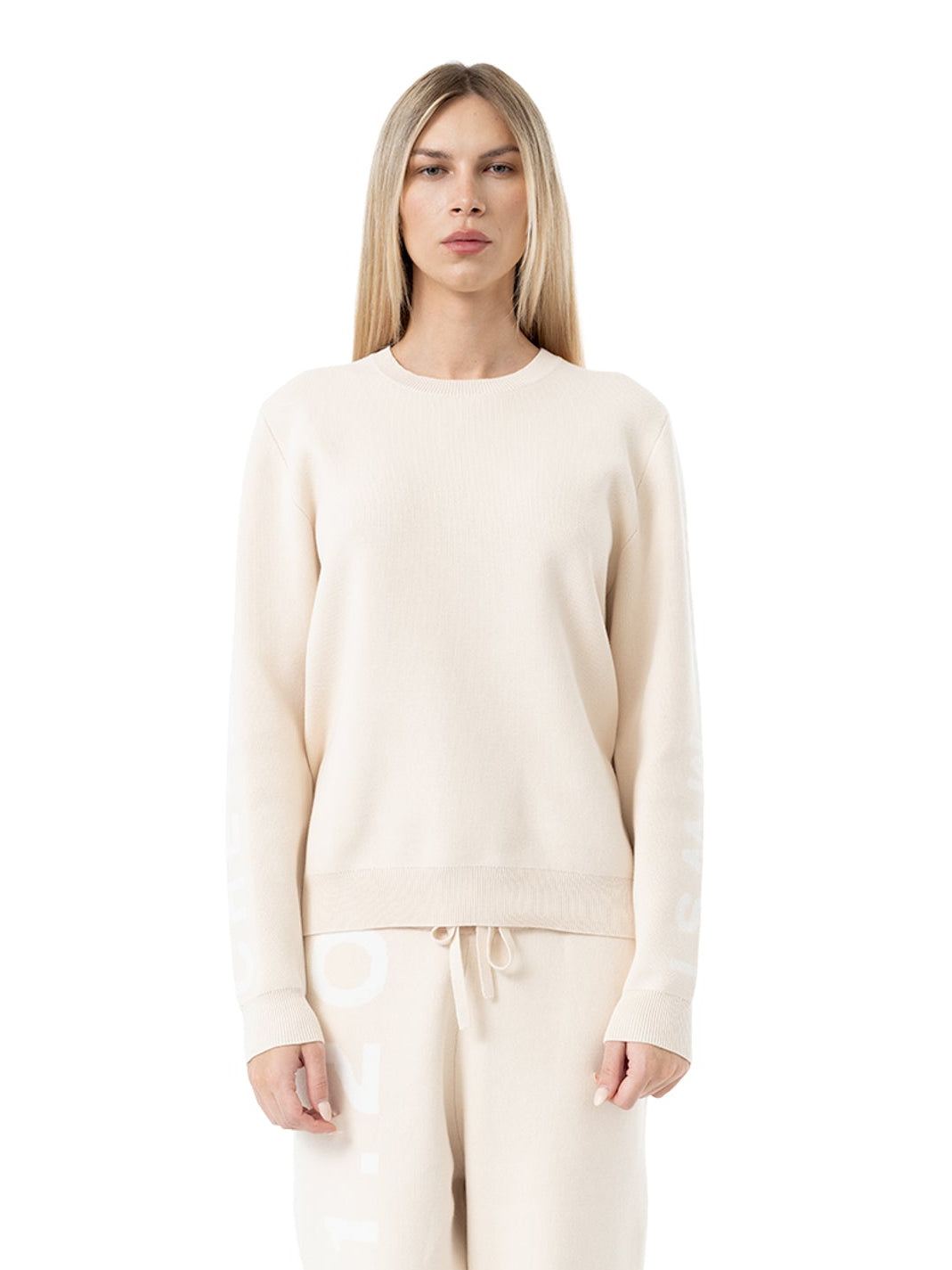 knit crewneck sweater signature - beige/white