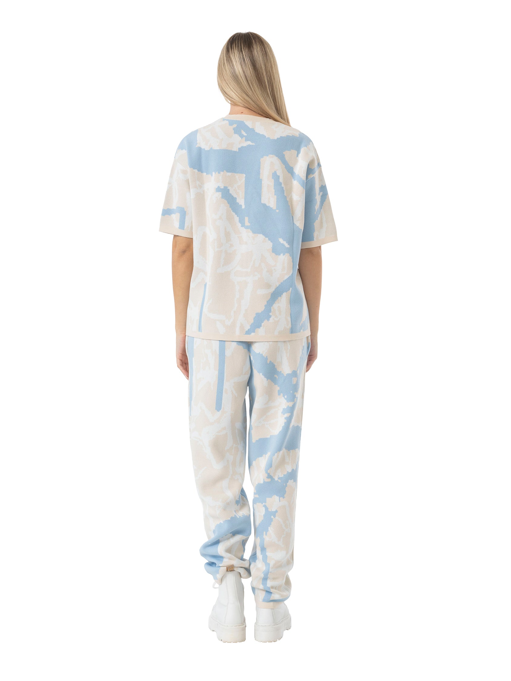 oversized knit T-shirt abstract - beige/sky