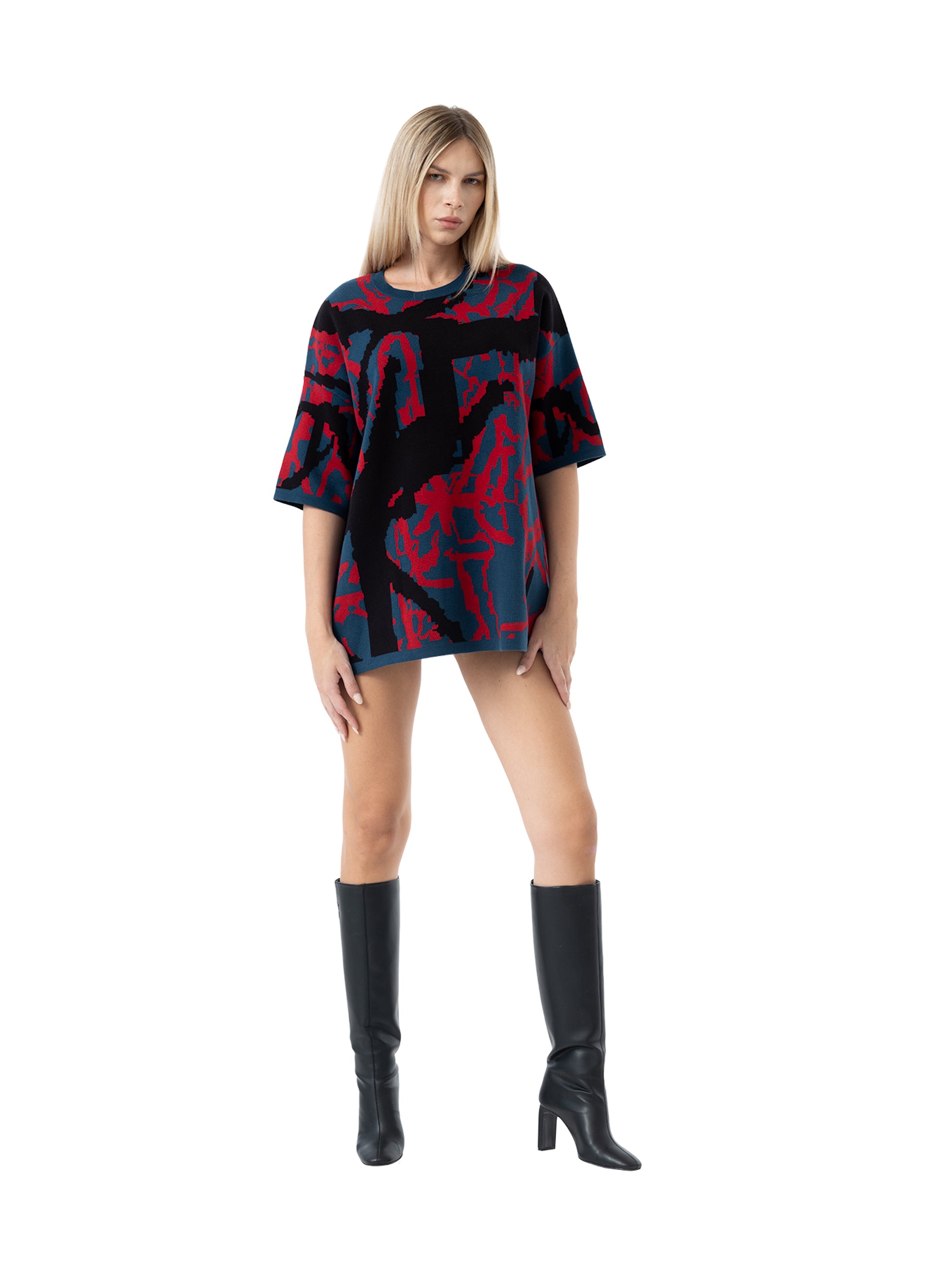 oversized knit T-shirt abstract - navy/fire