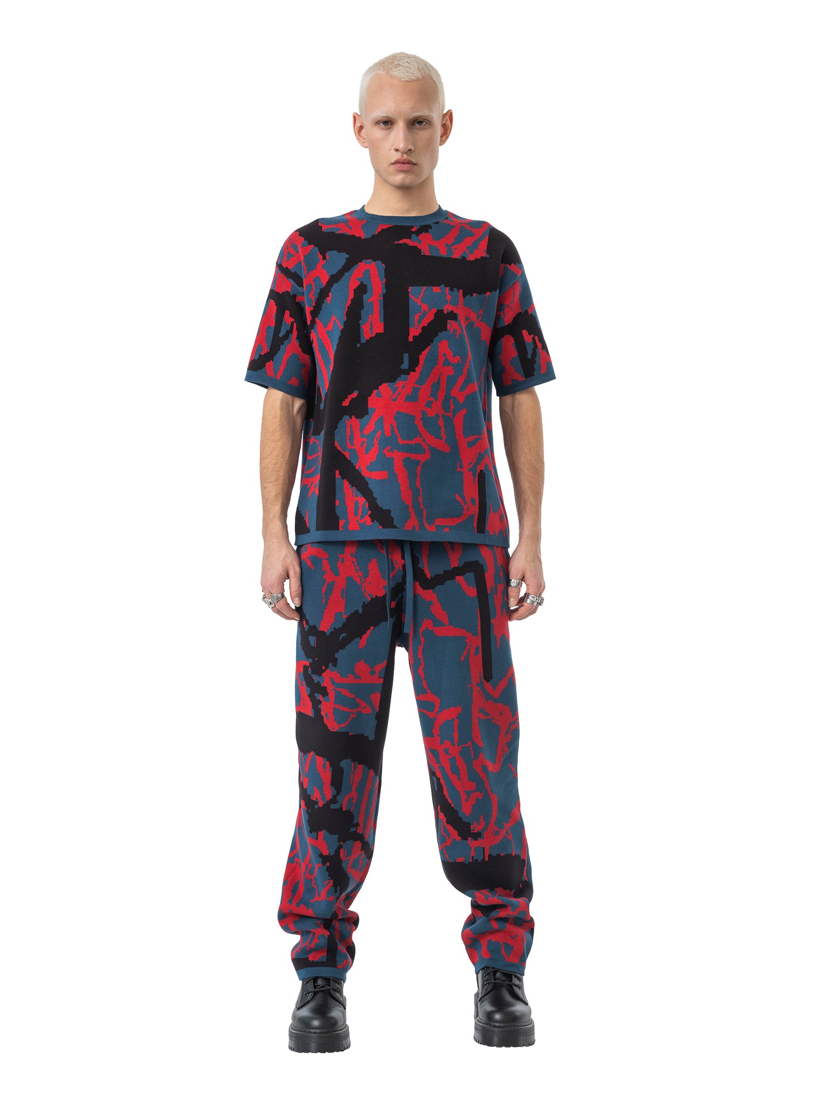 oversized knit T-shirt abstract - navy/fire