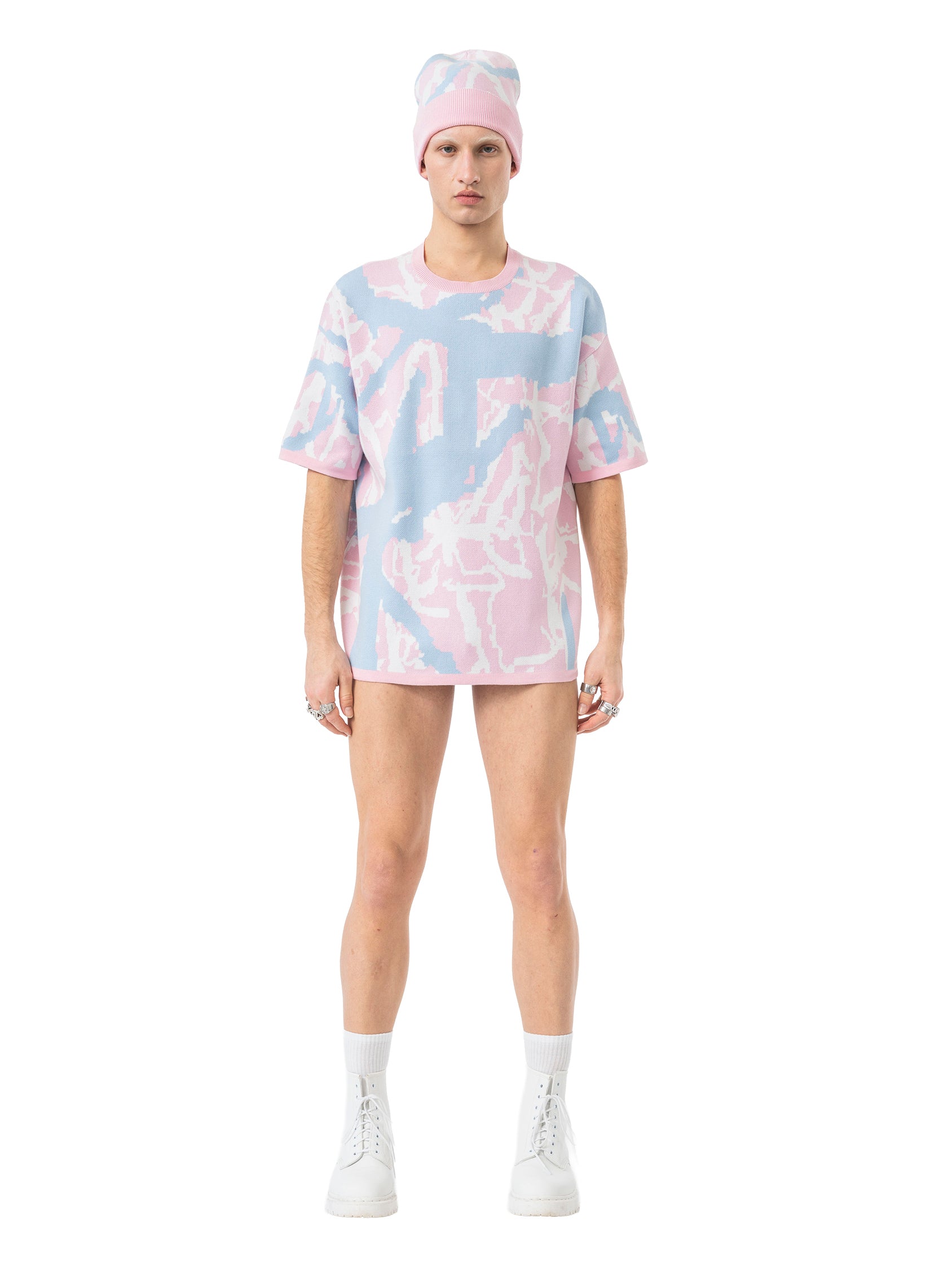 oversized knit T-shirt abstract - rose/sky