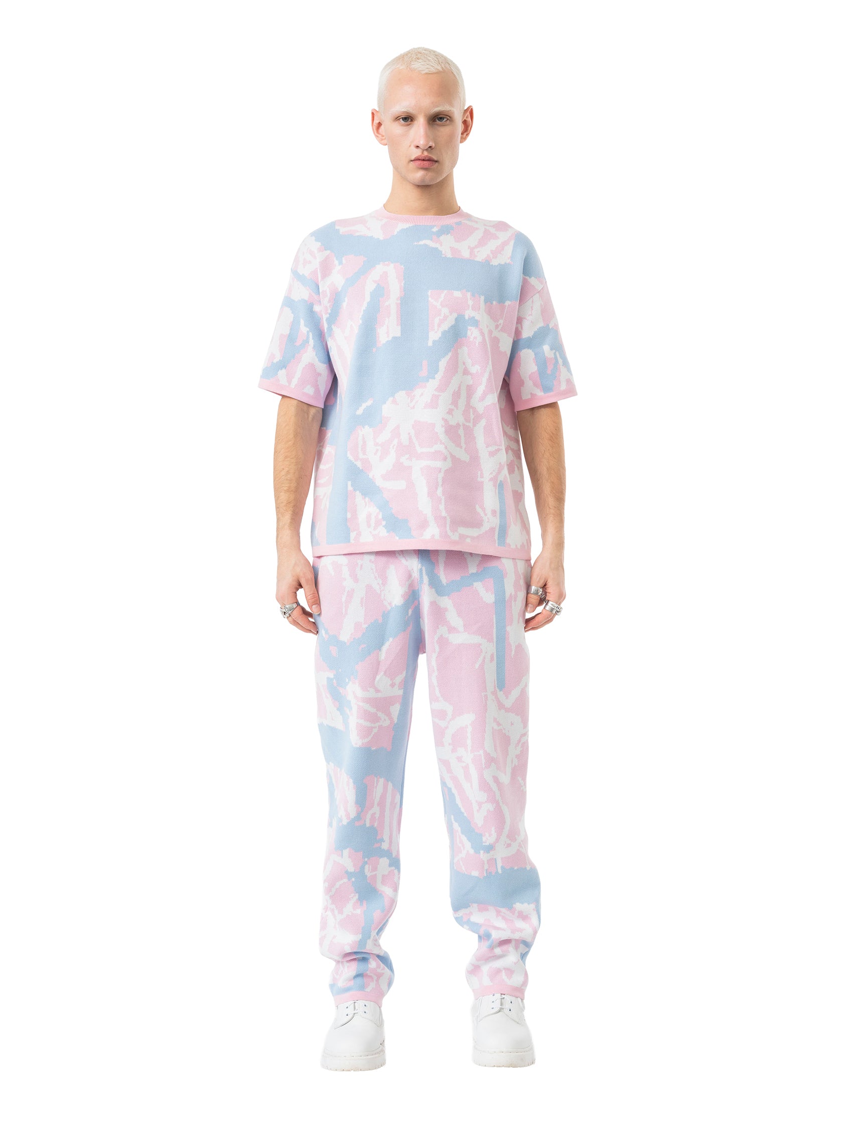 oversized knit T-shirt abstract - rose/sky